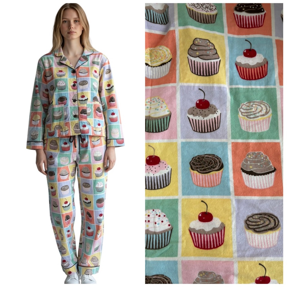 PJ Salvage Pastel Cupcake Print Pajama Set - Mint, Pink, Yellow